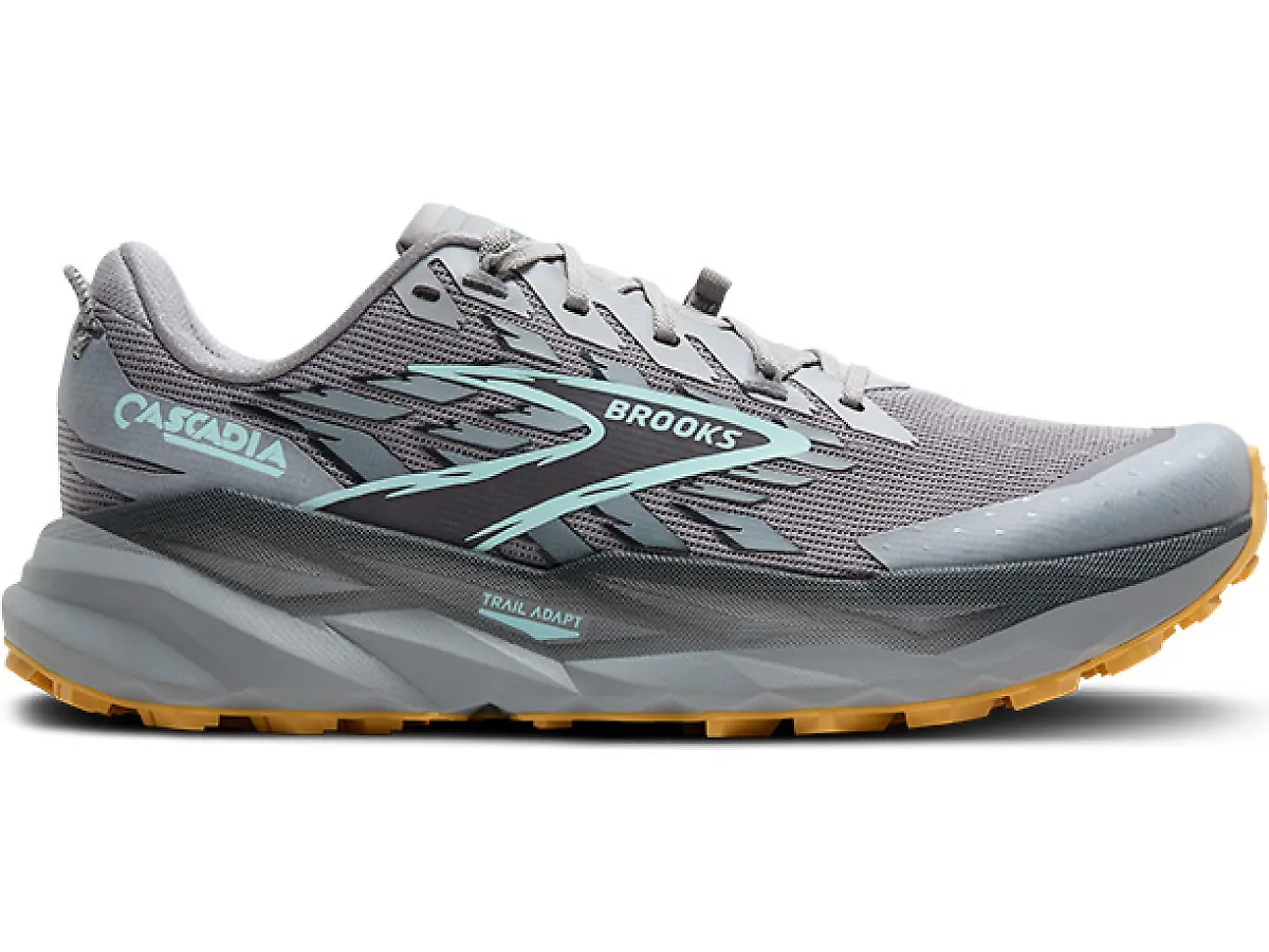 Men's Brooks Cascadia 19, Alloy/Ebony/Orange, 9.5 2E Wide