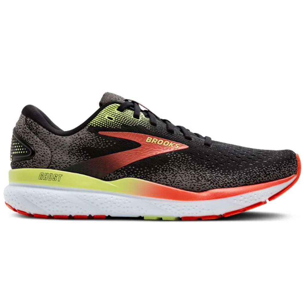 Men's Brooks Ghost 16, Black/Mandarin Red/Green, 10.5 D Medium