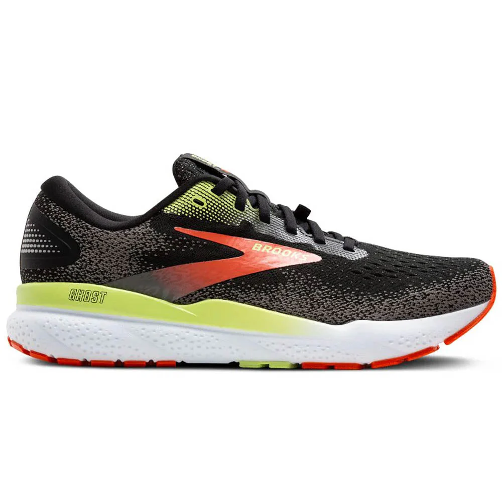 Men's Brooks Ghost 16 GTX, Black/Mandarin Red/Green, 9 D Medium