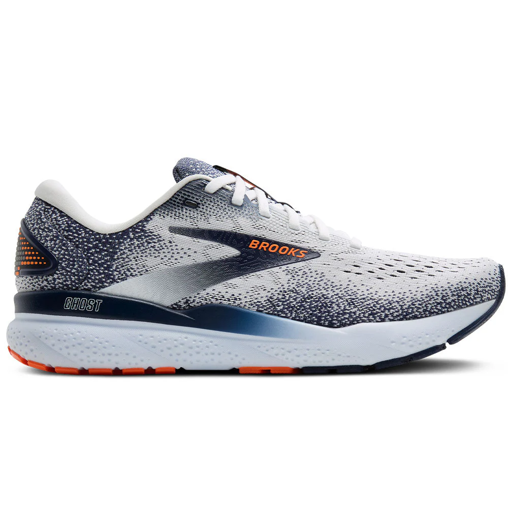 Men's Brooks Ghost 16, White/Peacoat/Orange, 14 D Medium