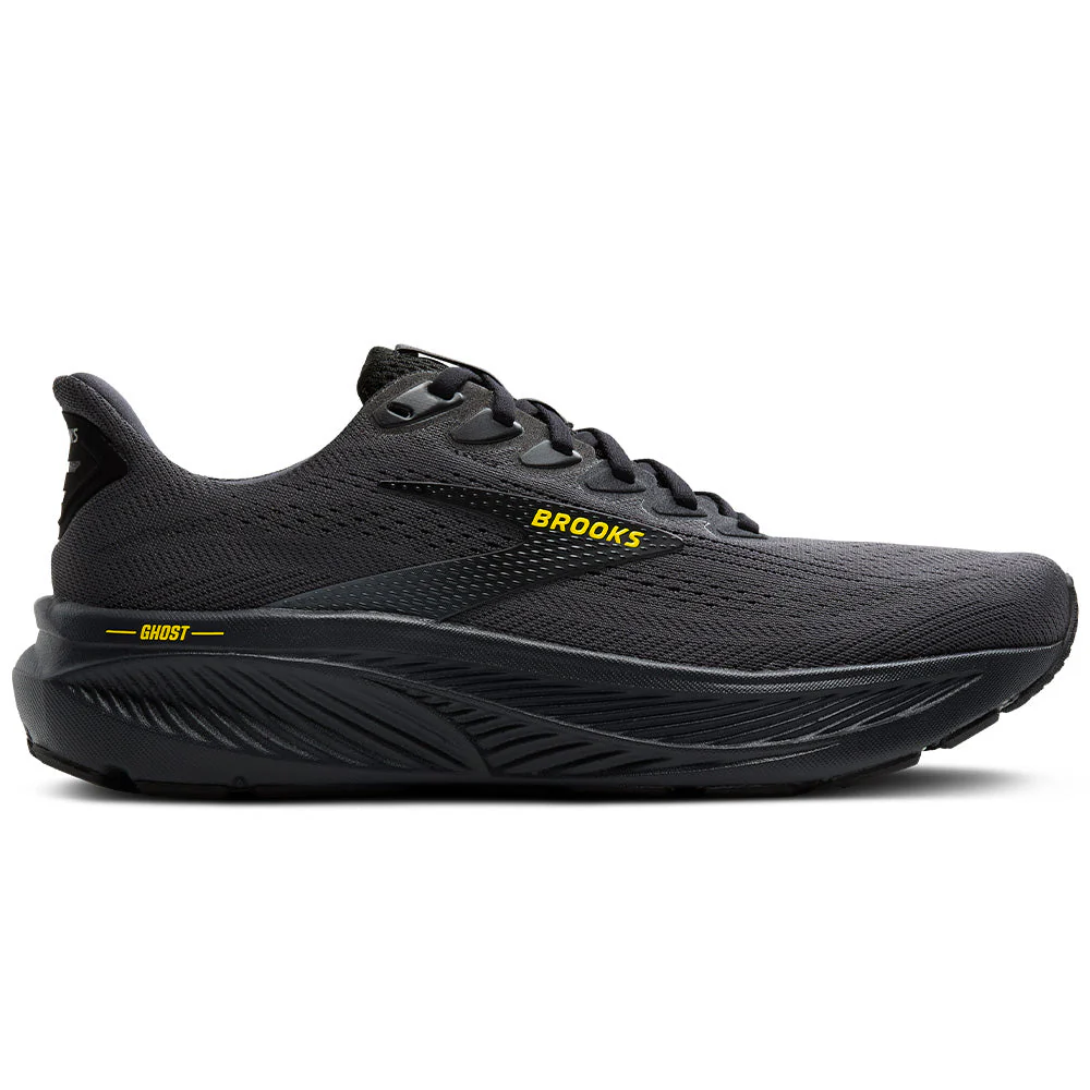 Men's Brooks Ghost 17, Ebony/Black/Yellow, 13 2E Wide