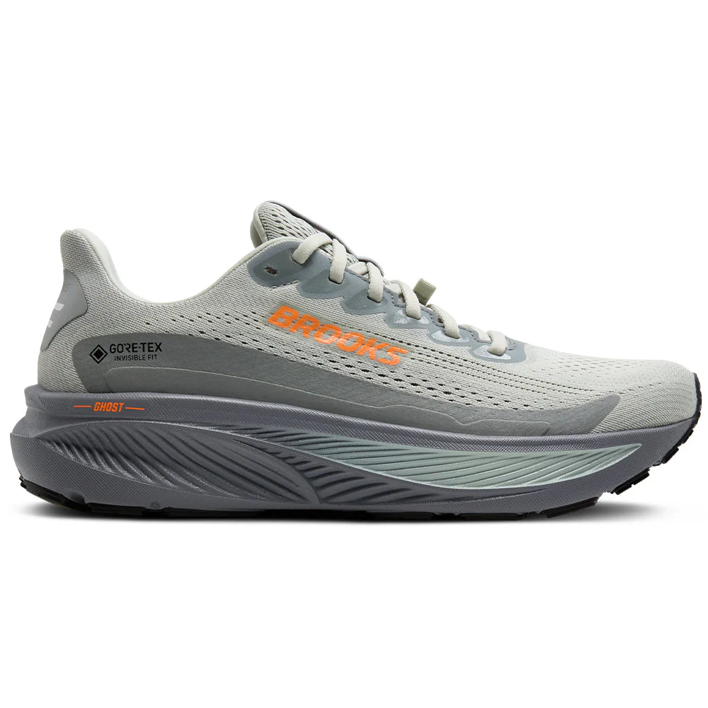 Men's Brooks Ghost 17 GTX, Smoke/Primer Grey/Orange, 7 D Medium