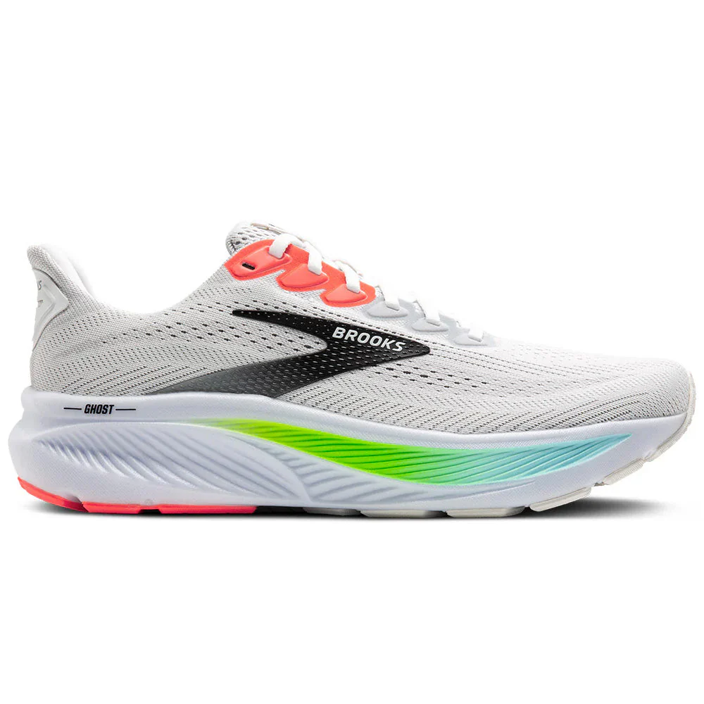 Men's Brooks Ghost 17, White/Pink Clay/Gecko, 12.5 2E Wide