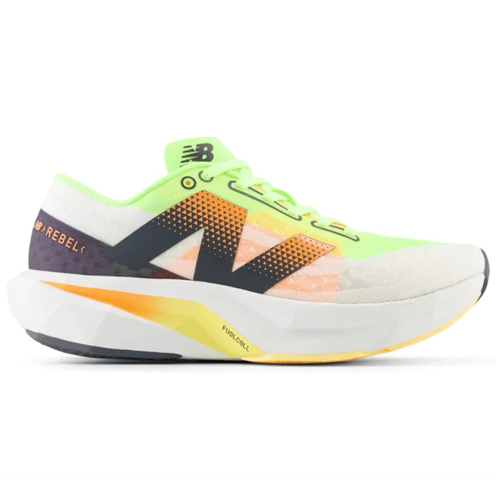 Men's New Balance FuelCell Rebel v4, White/Bleached Lime Glo/Hot Mango, 8.5 D Medium