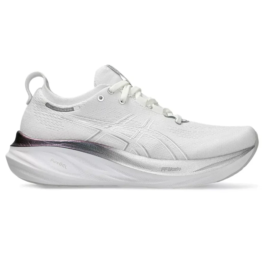 Women's Asics Gel-Nimbus 26 Platinum, Real White/Pure Silver, 11 B Medium