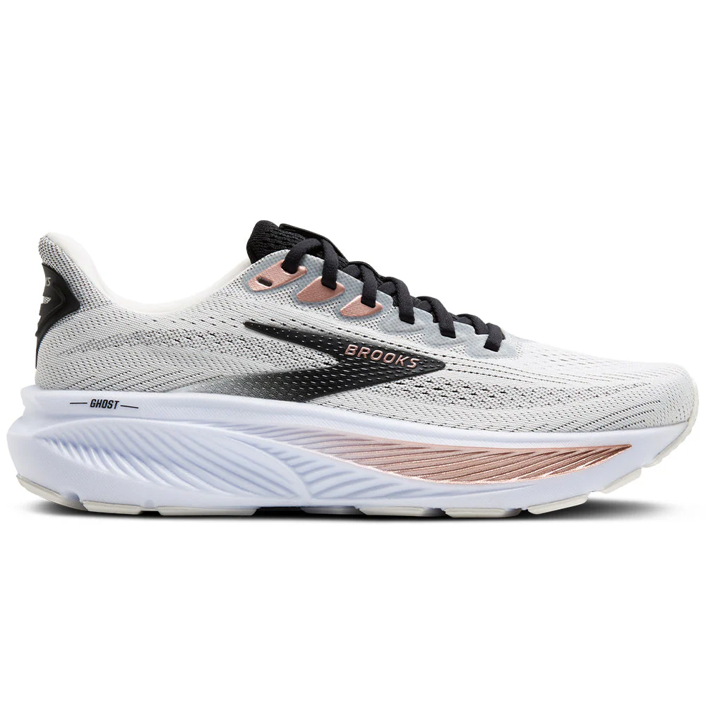 Women's Brooks Ghost 17, White/Black/Rose Gold, 9.5 D Wide