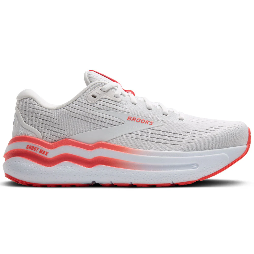 Women's Brooks Ghost Max 2, White/Hot Coral, 9.5 B Medium