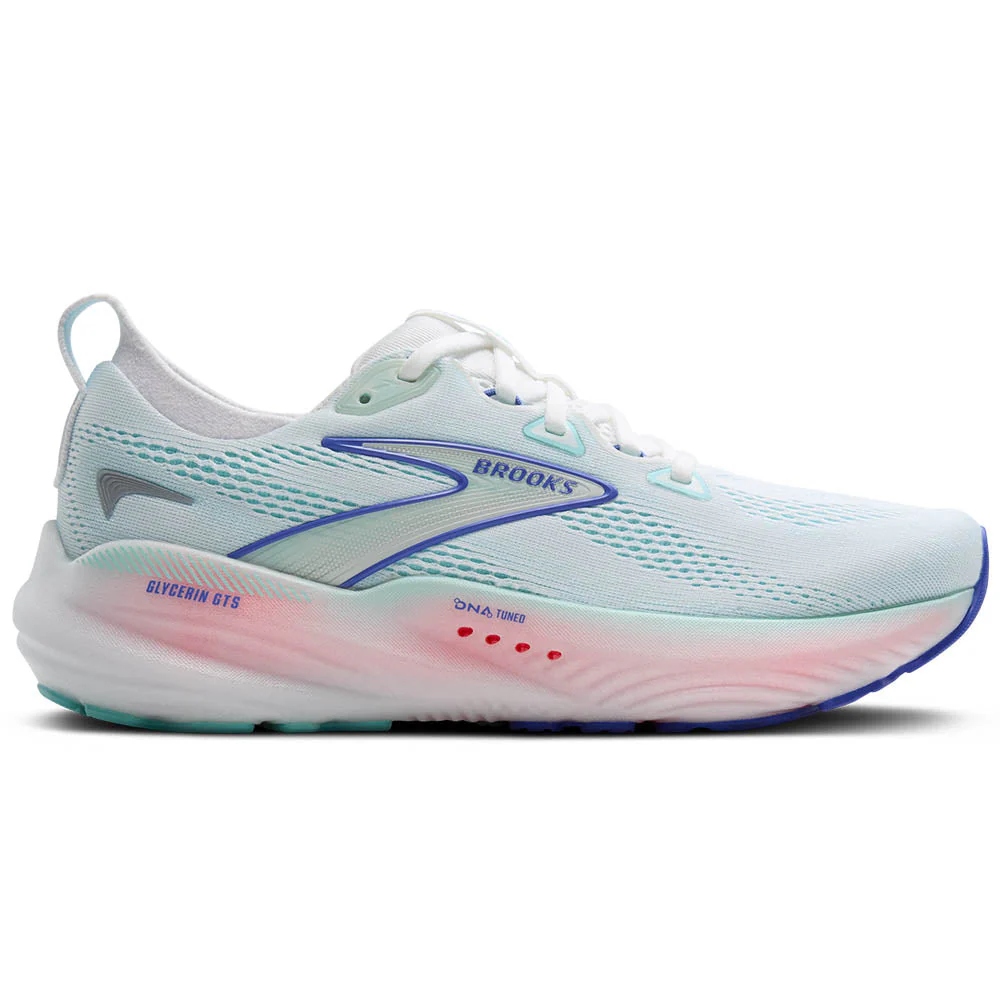 Women's Brooks Glycerin GTS 22, White/Limpet Shell/Amparo Blue, 7.5 D Wide
