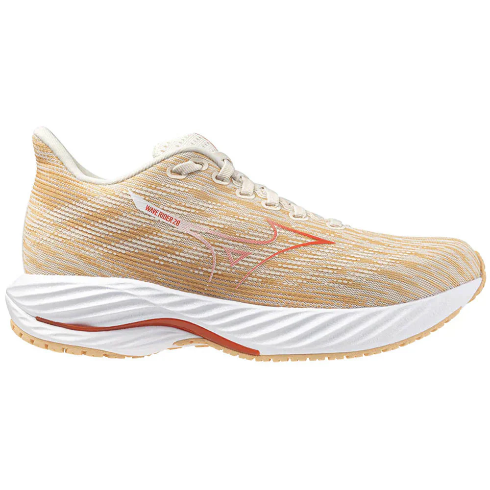 Women's Mizuno Wave Rider 28, Pristine/Spicy Orange, 7.5 B Medium