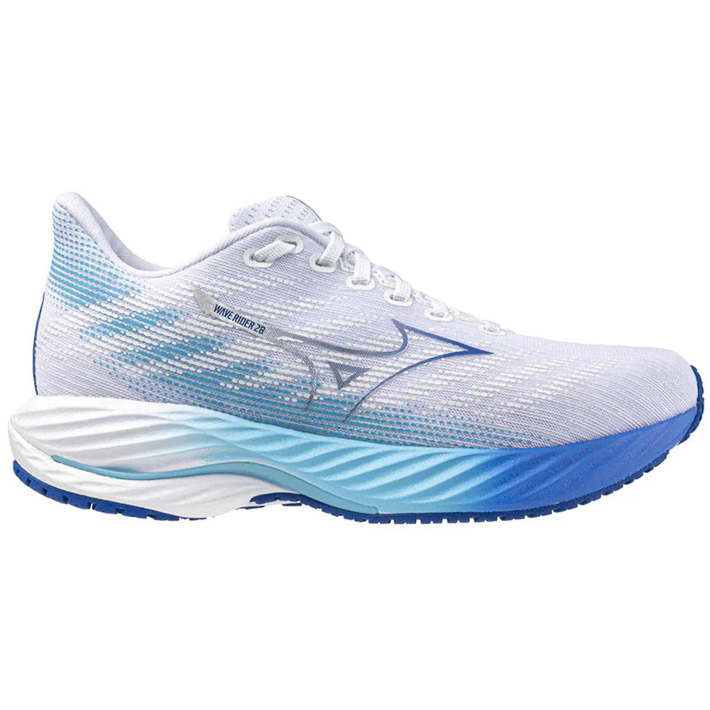 Women's Mizuno Wave Rider 28, White/Mugen Blue, 8 D Wide