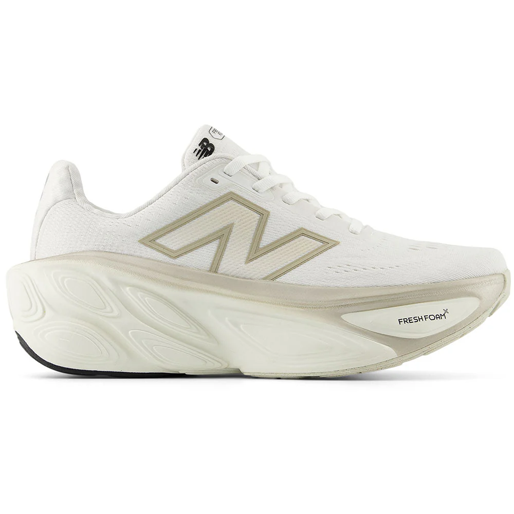 Women's New Balance Fresh Foam X More v5, White/Sea Salt/Light Gold Metallic, 9.5 D Wide
