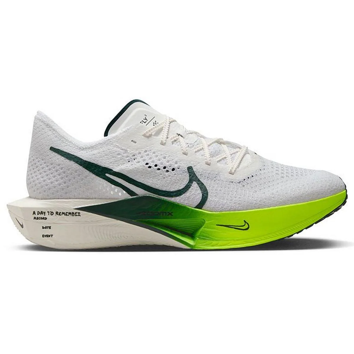 Women's Nike ZoomX Vaporfly Next% 3, White/Pro Green-Volt-Sail, 10 B Medium