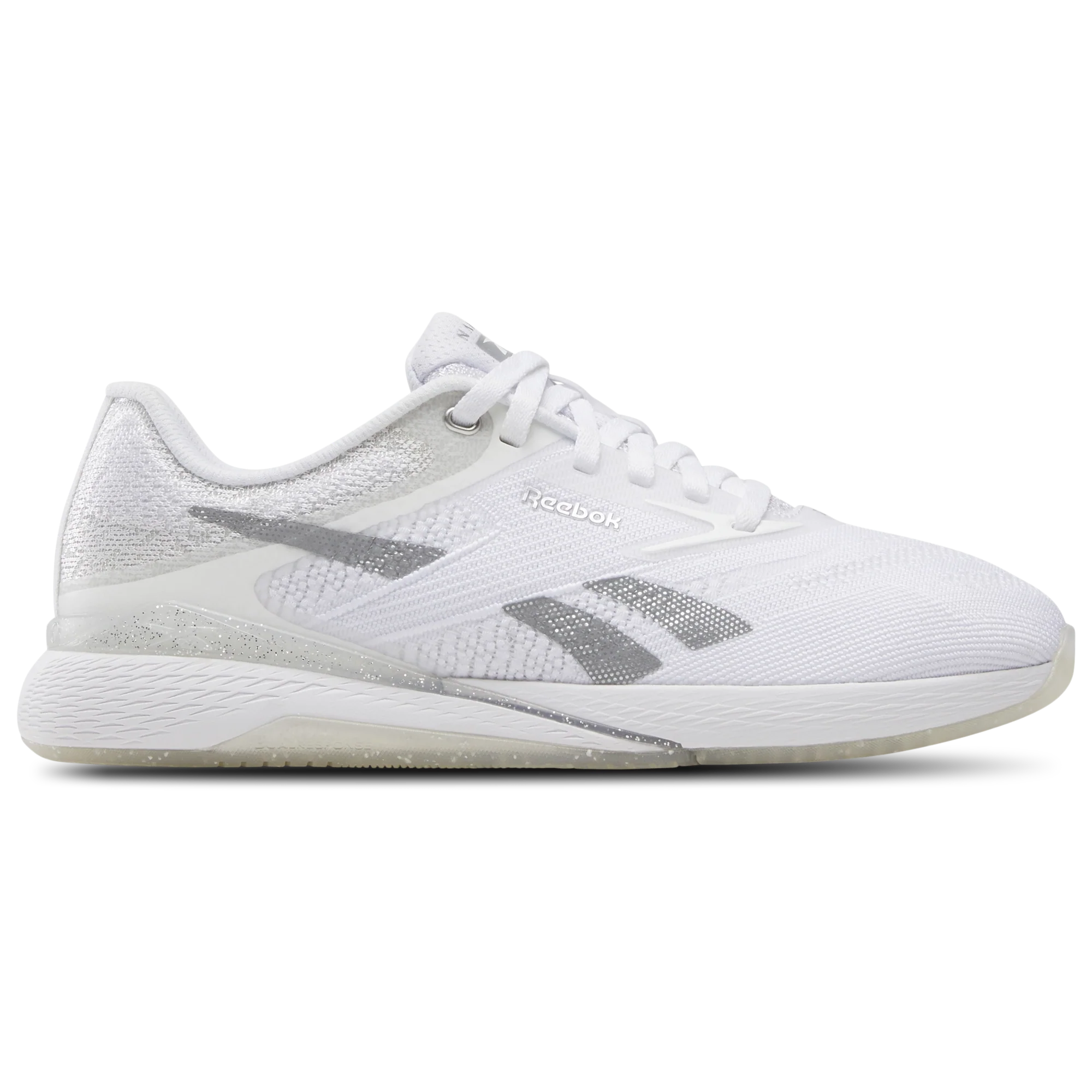 Women's Reebok Nano X5, Ftwr White/Barely Grey/Silver Metallic, 6 B Medium